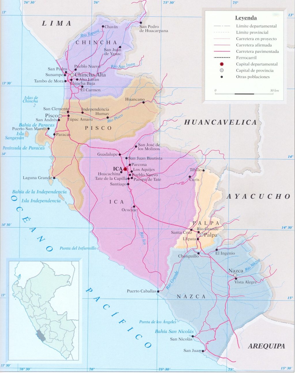 Mapa del departamento de Ica.