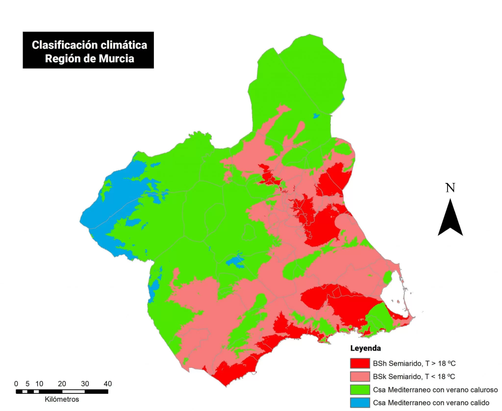 Mapa climático de la Región de Murcia.