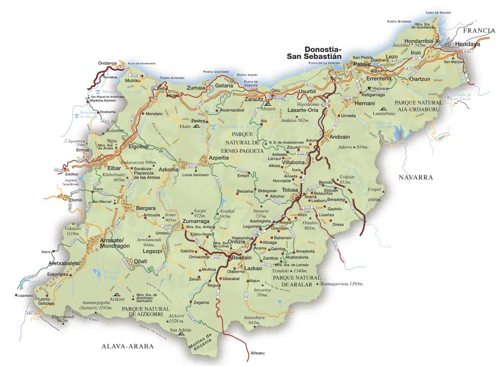 Mapa de carreteras de Guipúzcoa.