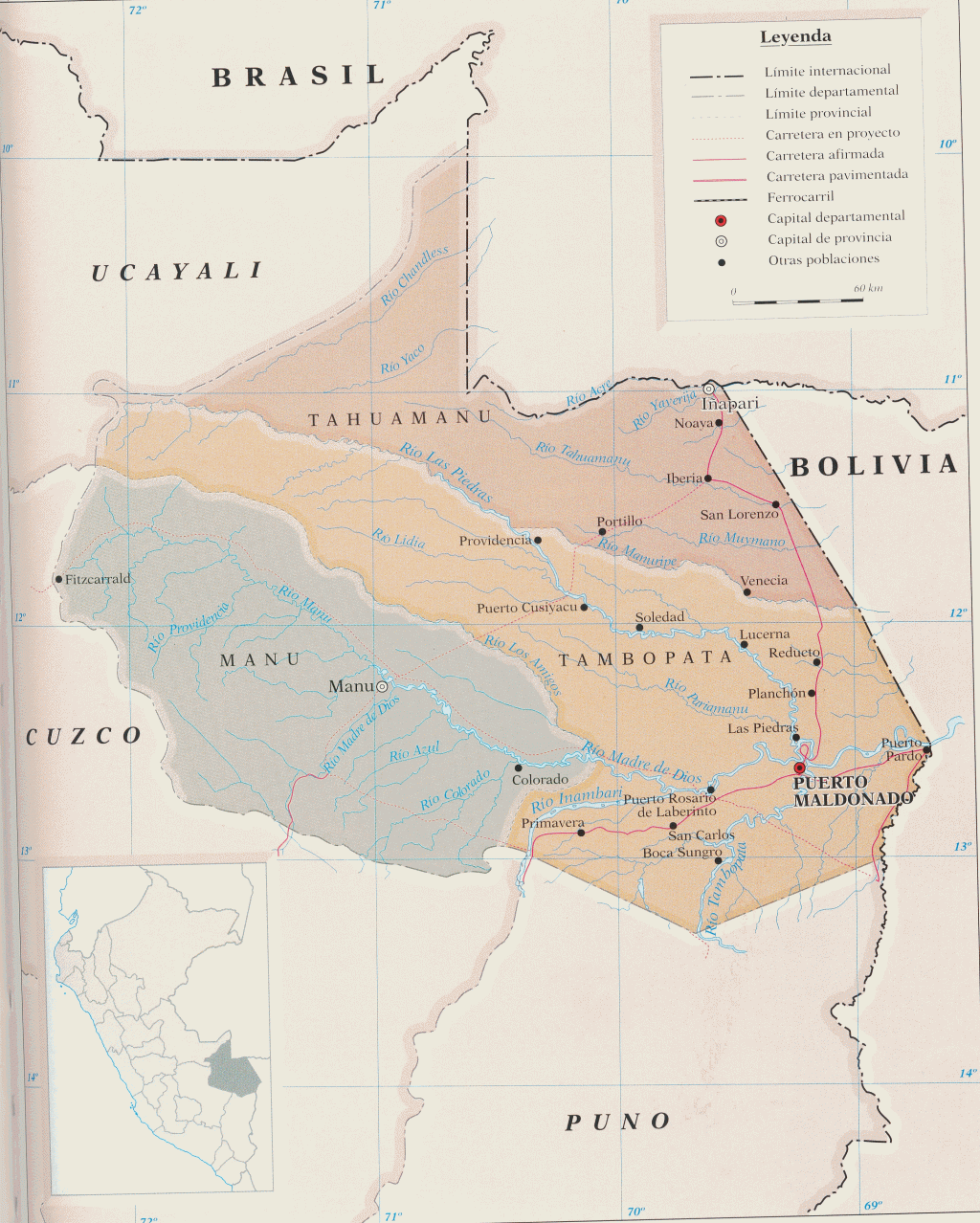 Mapa del departamento de Madre de Dios.