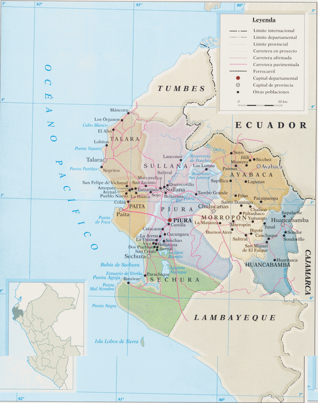 Mapa del departamento de Piura.