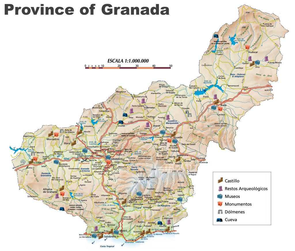 Mapa turístico de la provincia de Granada.