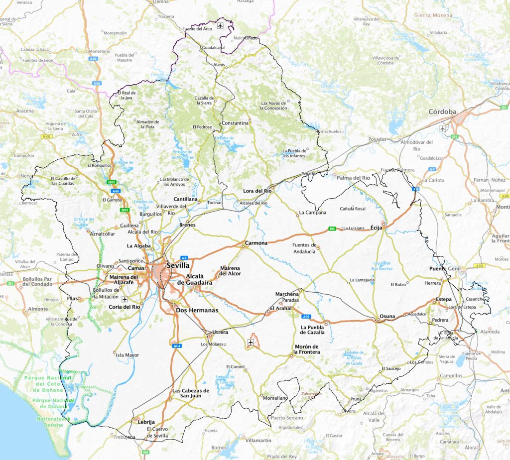Mapa físico de la provincia de Sevilla.