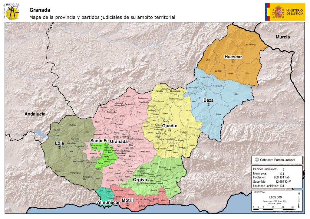 Mapa de los partidos judiciales de la provincia de Granada.