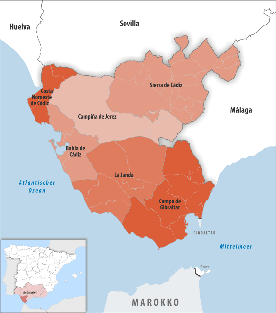 Mapa de las comarcas de la provincia de Cádiz.