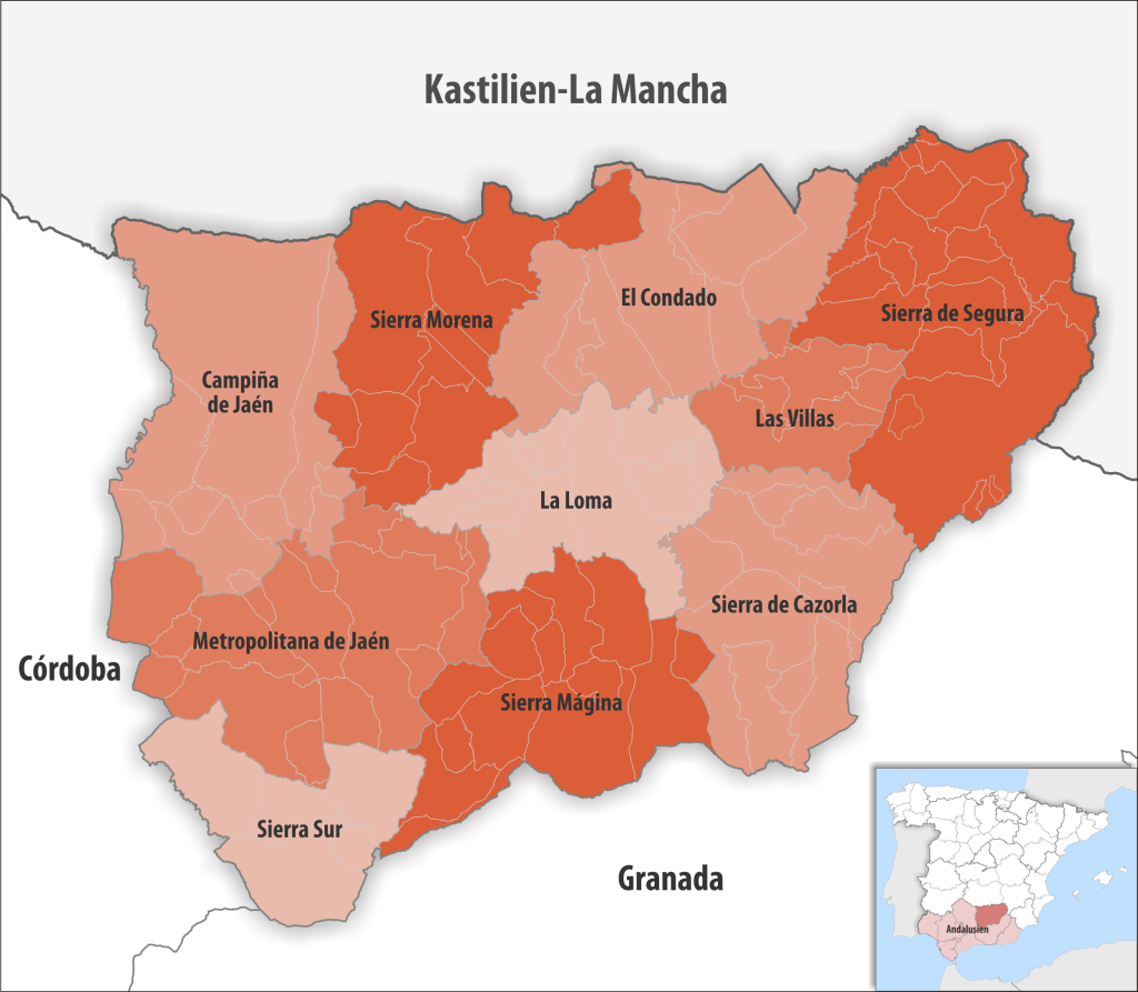 Mapa de las comarcas de la provincia de Jaén (España).