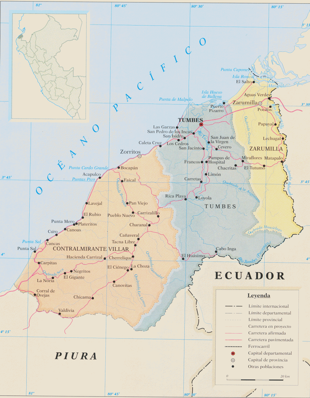 Mapa del departamento de Tumbes.