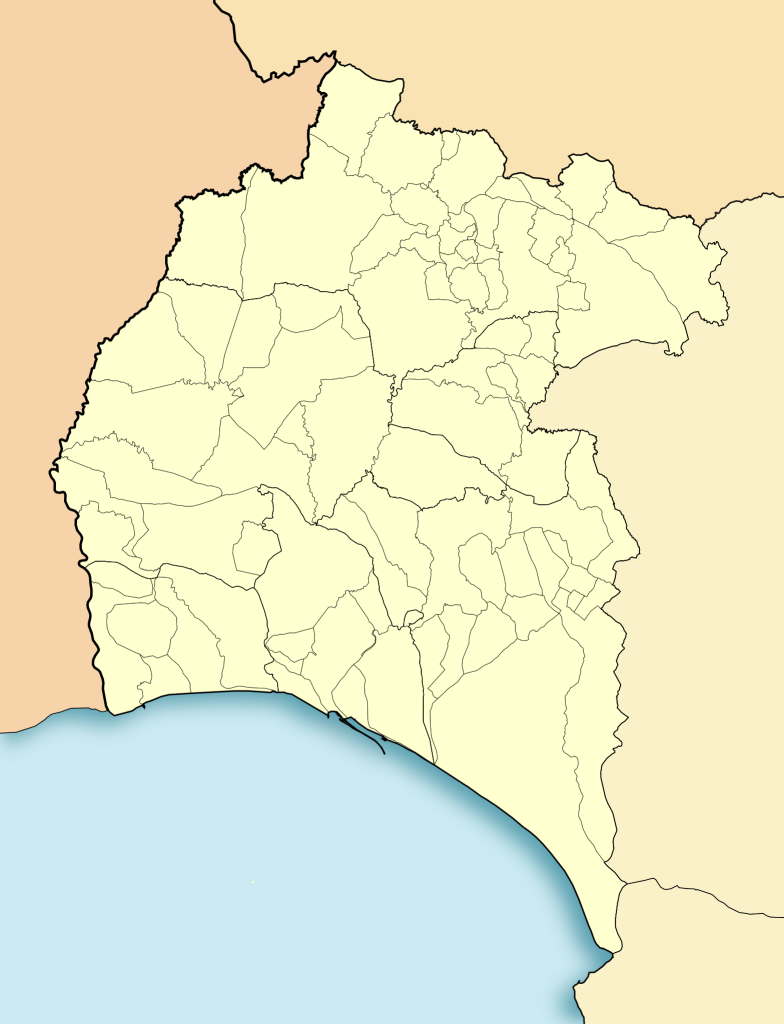 Mapa mudo de la provincia de Huelva.