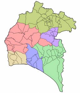 Mapa mudo de las comarcas de la provincia de Huelva.