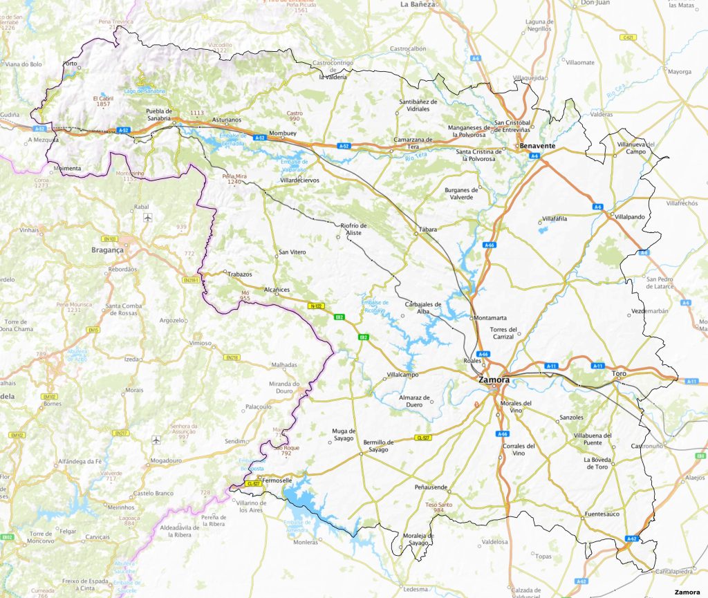 Mapa físico de la provincia de Zamora.