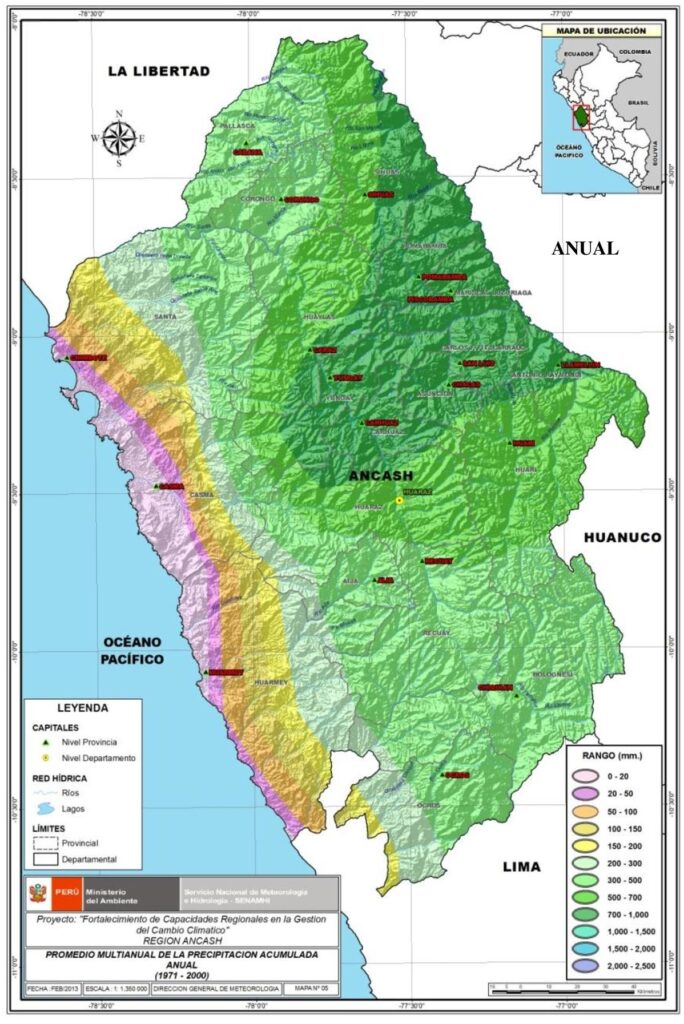 Mapa de precipitaciones del departamento de Áncash 1971-2000.