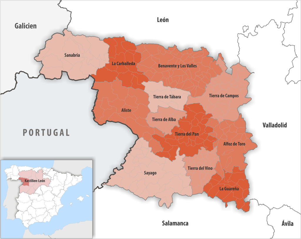 Mapa de las comarcas de la provincia de Zamora.