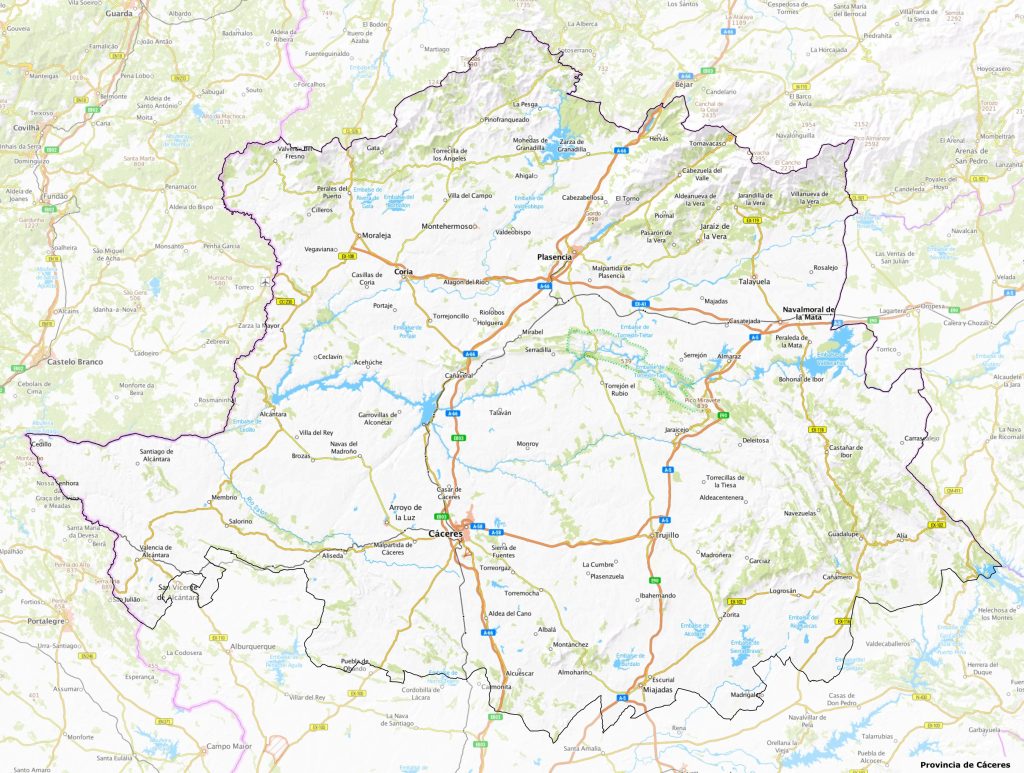 Mapa físico de la provincia de Cáceres.