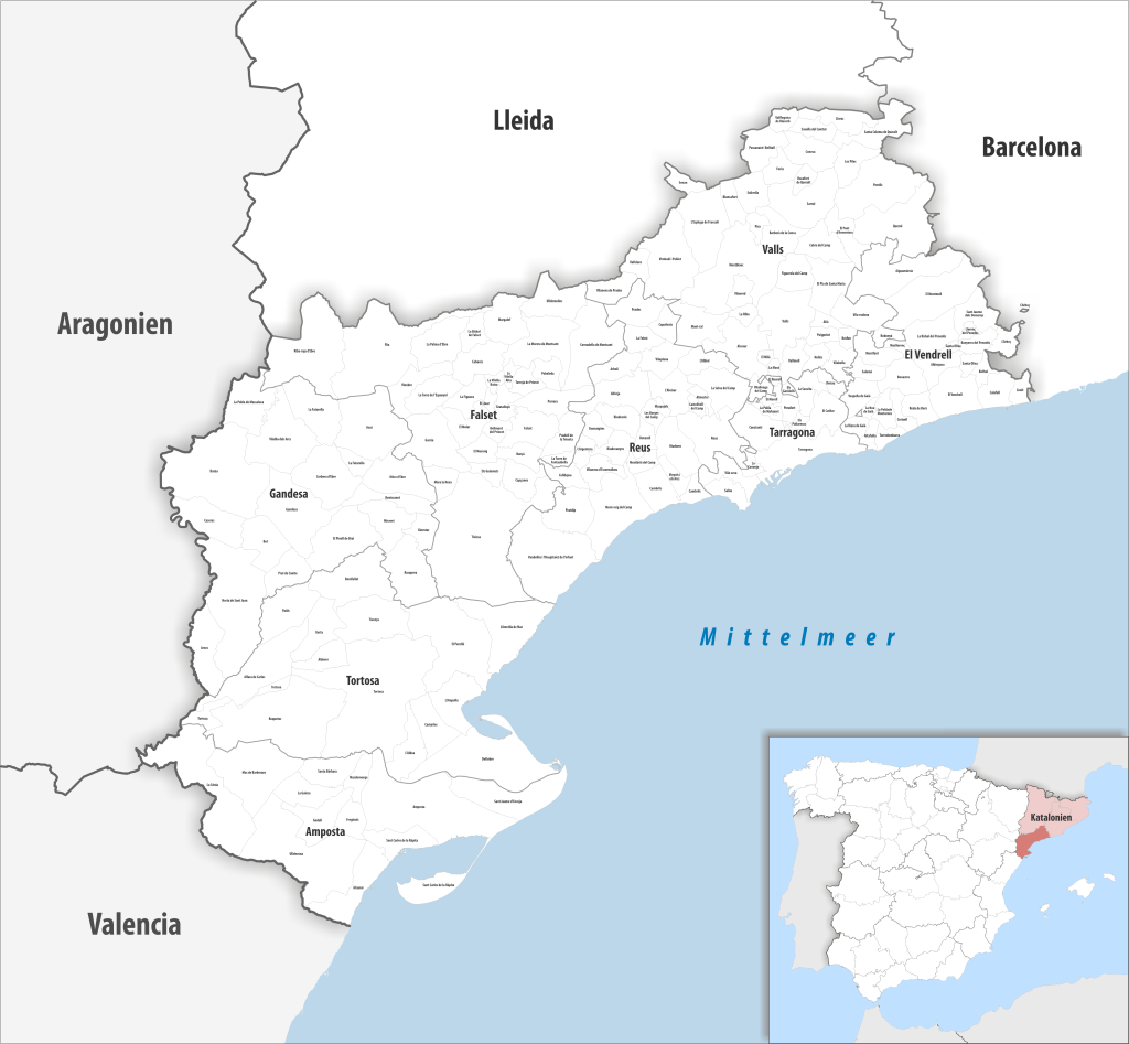 Mapa de los municipios de la provincia de Tarragona.