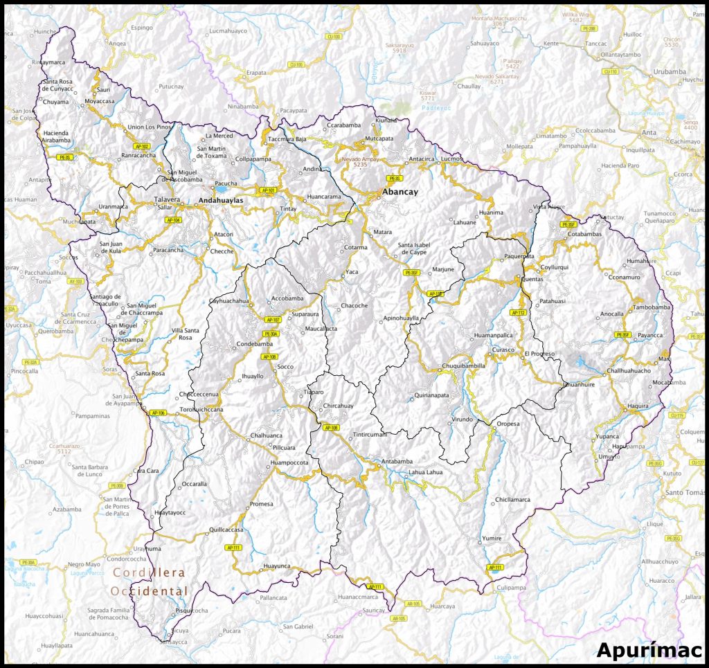 Mapa de las principales ciudades de Apur&iacute;mac.