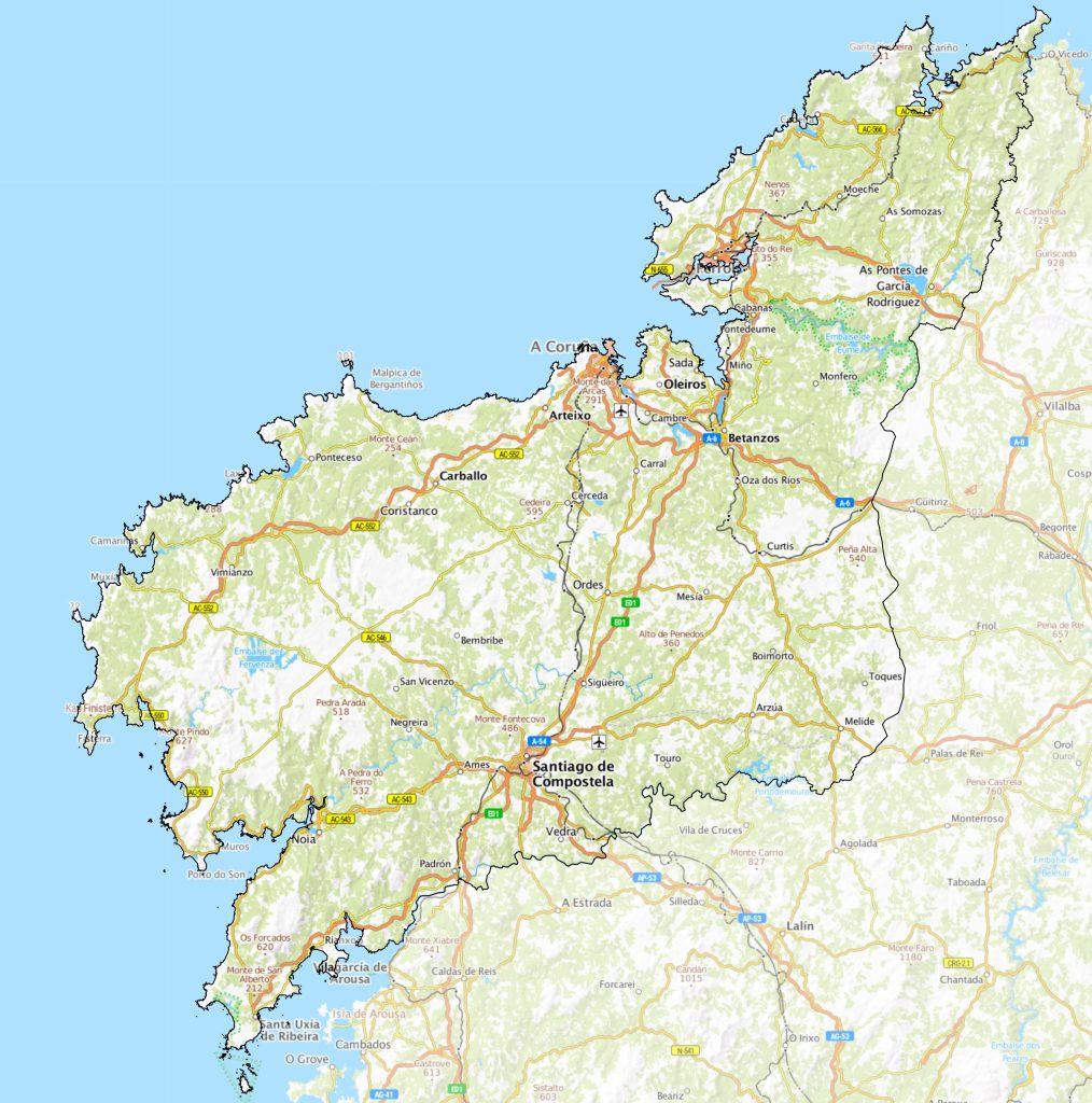 Mapa físico de la provincia de La Coruña.