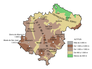 Mapa de relieve de la provincia de Teruel.