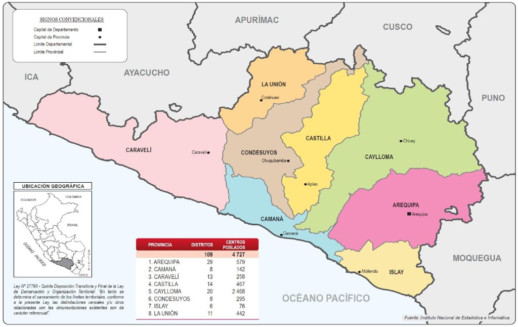 Mapa de las provincias del departamento de Arequipa.