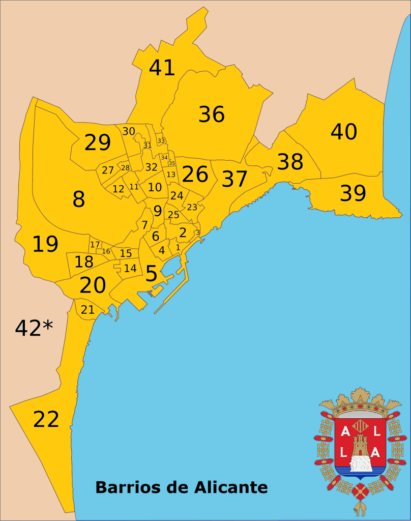 Mapa de los barrios de la ciudad de Alicante.