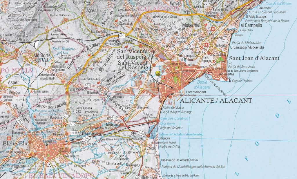 Mapa de accesos por carretera a la ciudad de Alicante.