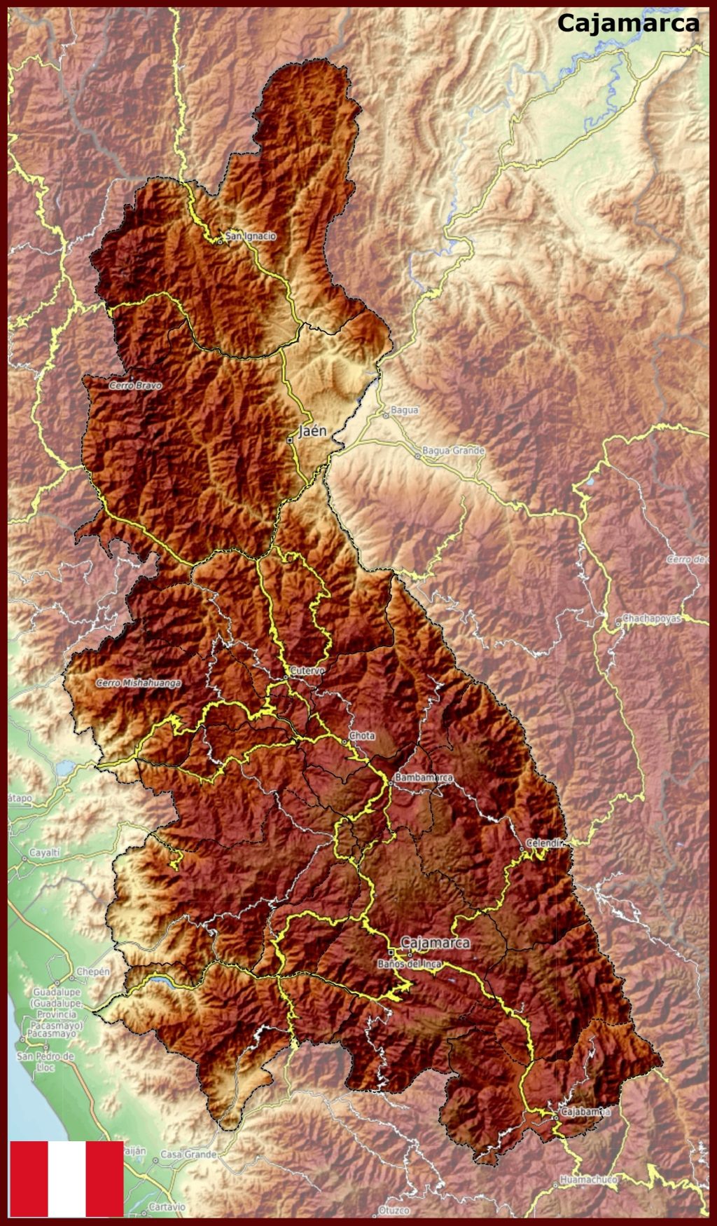 Mapa f&iacute;sico del departamento de Cajamarca.