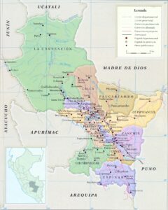 Mapa político del departamento del Cuzco.
