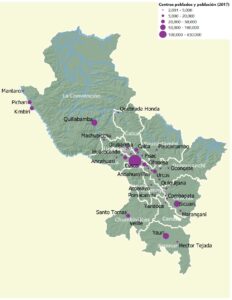 Mapa de los centros poblados y población en el departamento del Cuzco.