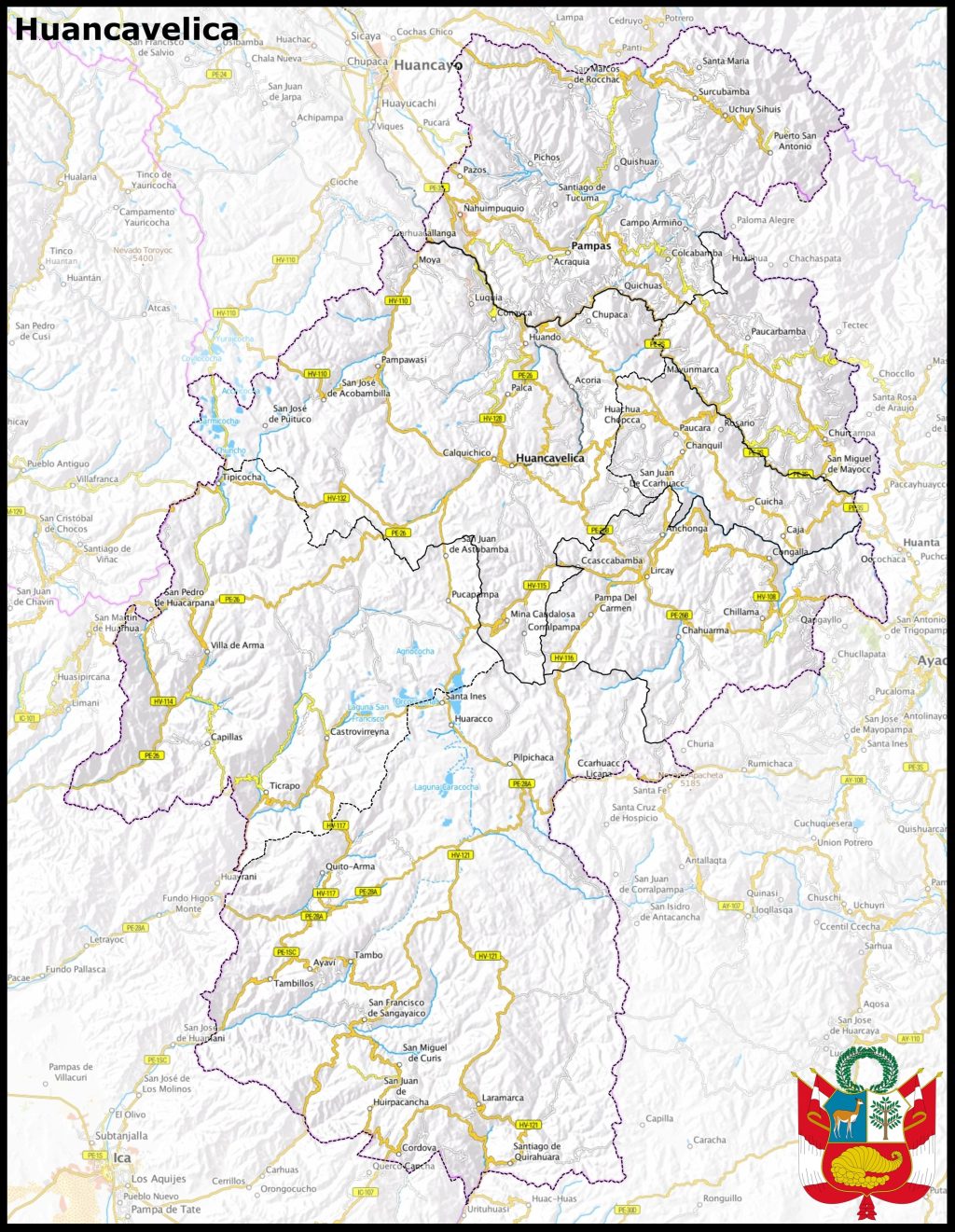Mapa de las principales ciudades del departamento de Huancavelica.