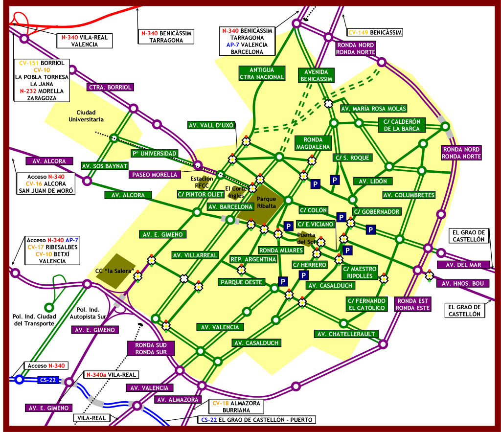 Mapa de accesos por carretera a Castellón de la Plana.