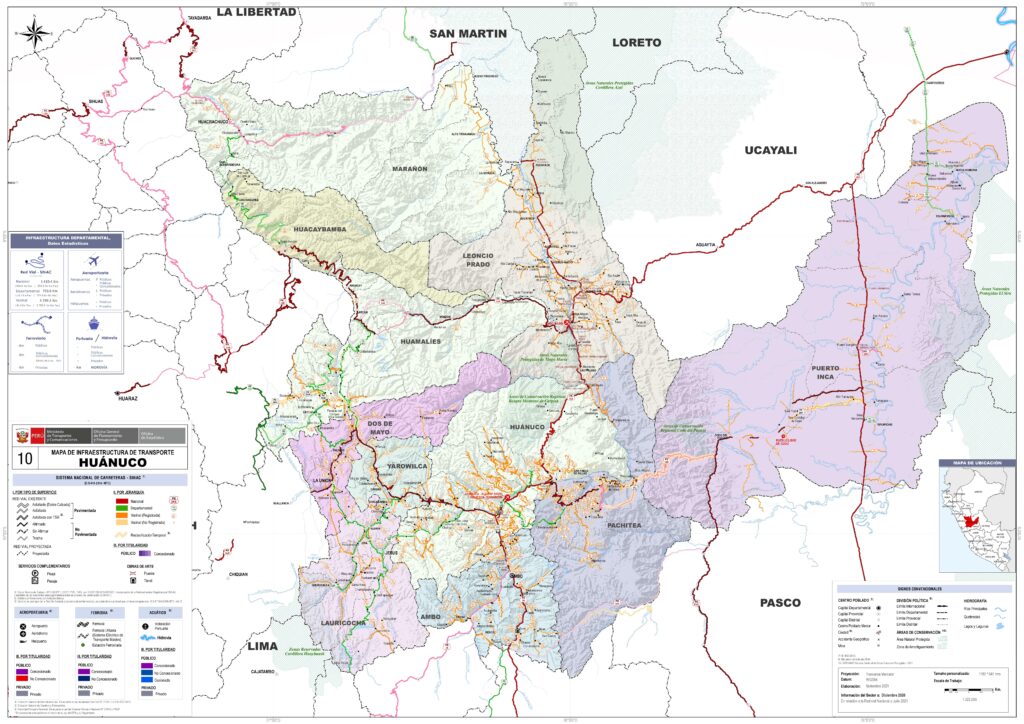 Mapa de las principales ciudades del departamento de Huánuco.
