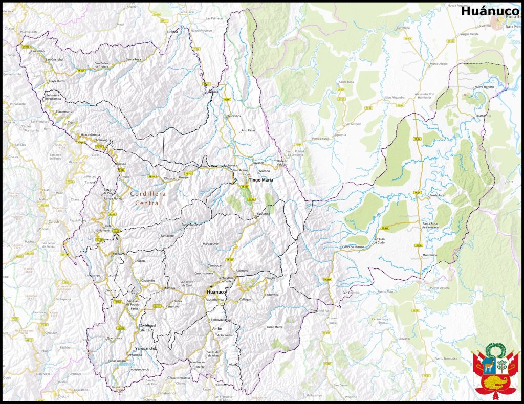 Mapa de las principales ciudades del departamento de Hu&aacute;nuco.