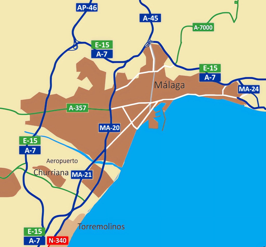 Mapa de accesos por carretera a la ciudad de Málaga.