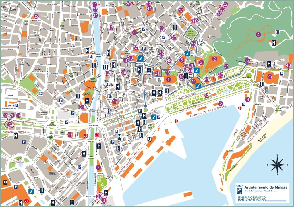 Plano turístico de la ciudad de Málaga.