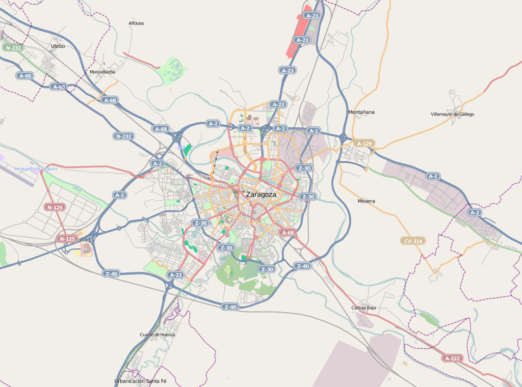 Mapa de accesos por carretera a la ciudad de Zaragoza.
