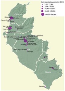 Mapa de los centros poblados y población en el departamento de Ica.