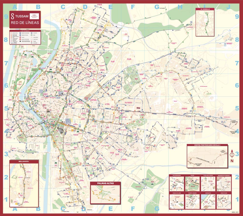 Plano de la red de autobús y tranvía de Sevilla.
