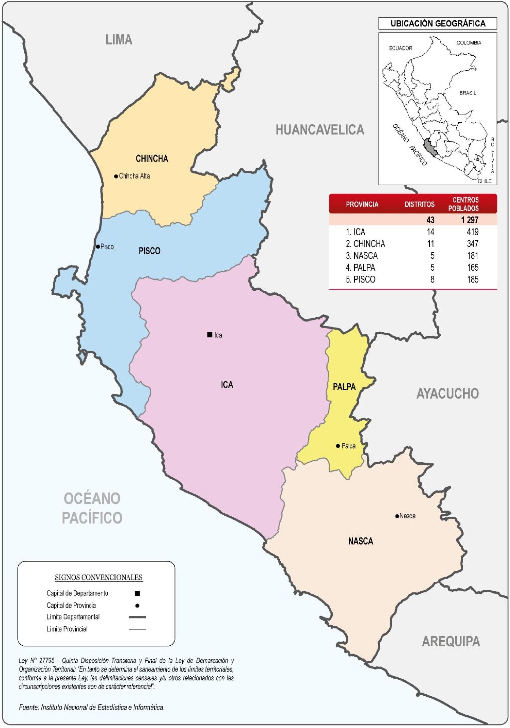 Mapa de las provincias del departamento de Ica.