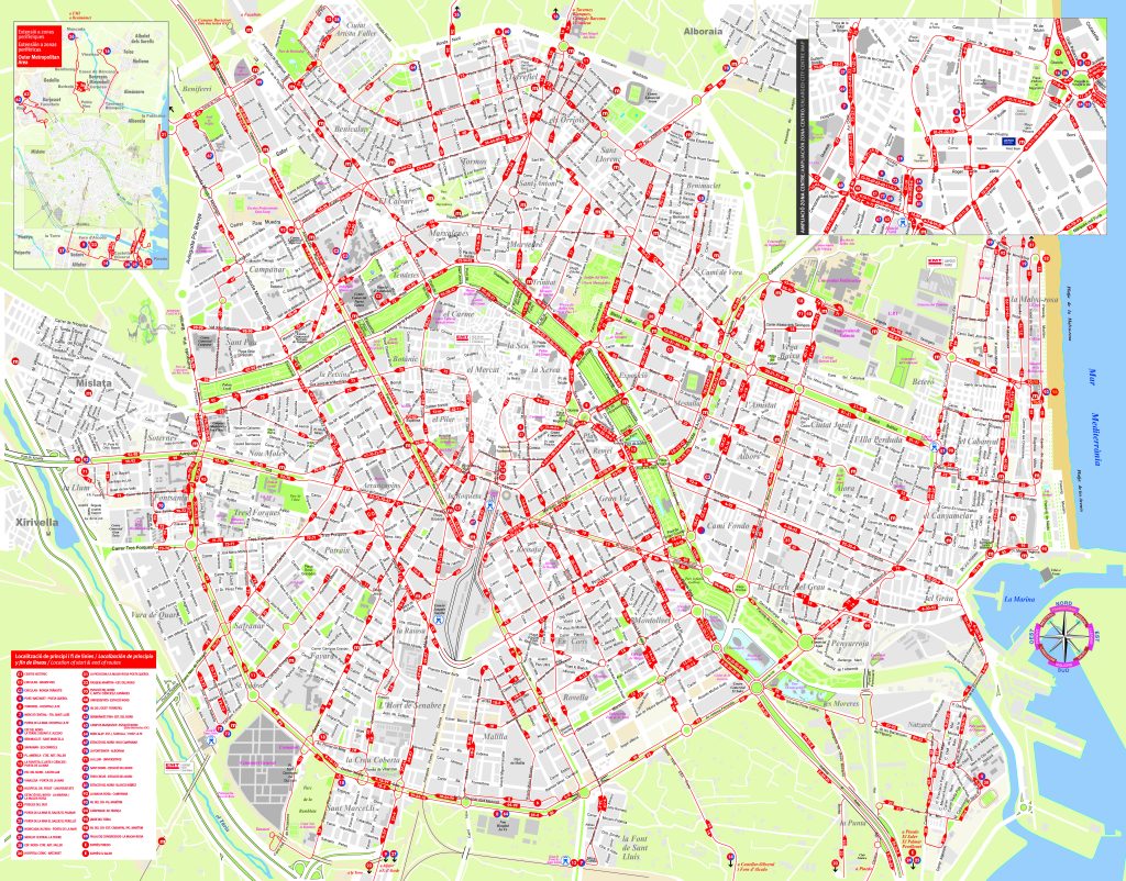 Plano de la red de autobuses urbanos de la ciudad de Valencia.