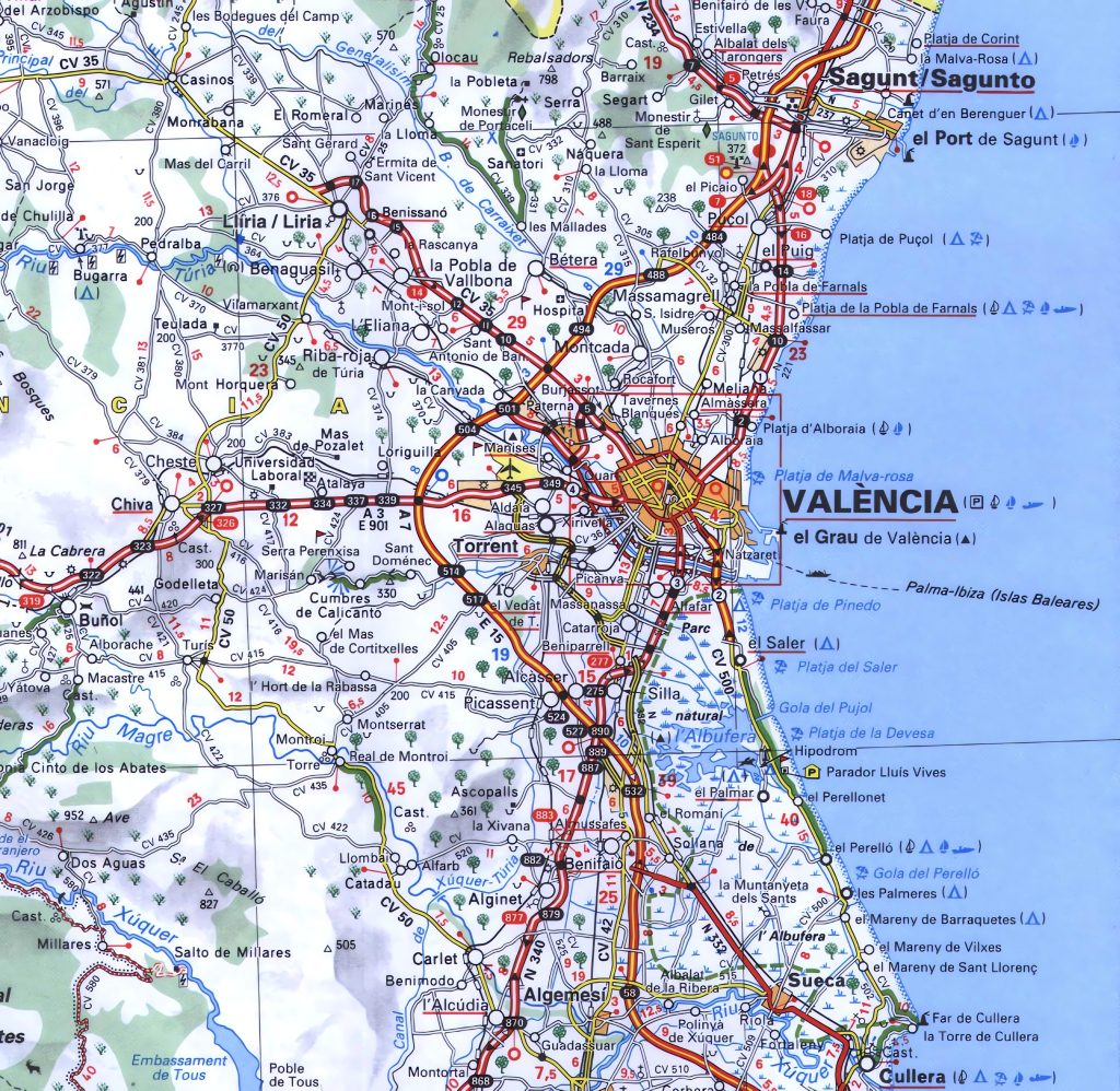 Mapa de accesos por carretera a la ciudad de Valencia.