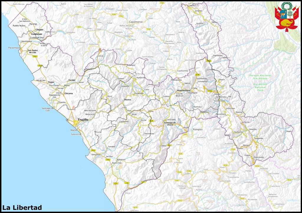 Mapa de las ciudades del departamento de La Libertad.