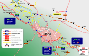 Mapa de Bilbao y su entorno con las principales vías de comunicación.