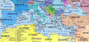 Mapa político del mar Mediterráneo.