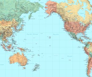Mapa político y físico del océano Pacífico.