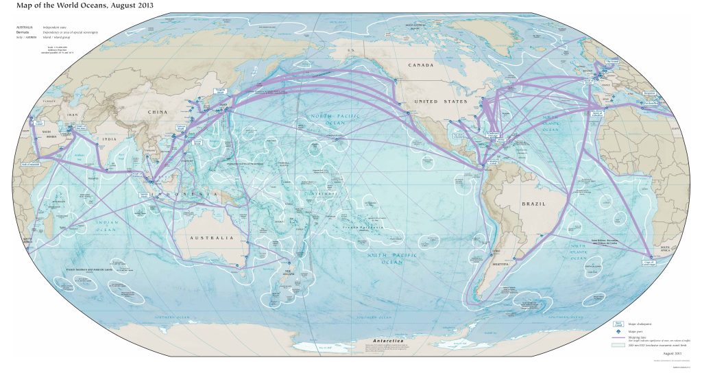 Mapa de los océanos del mundo.