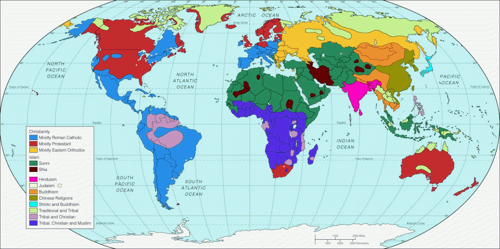 Mapa de los principales grupos religiosos en el mundo.