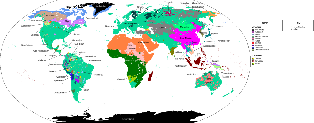 Mapa de la distribución contemporánea de las principales familias lingüísticas del mundo.