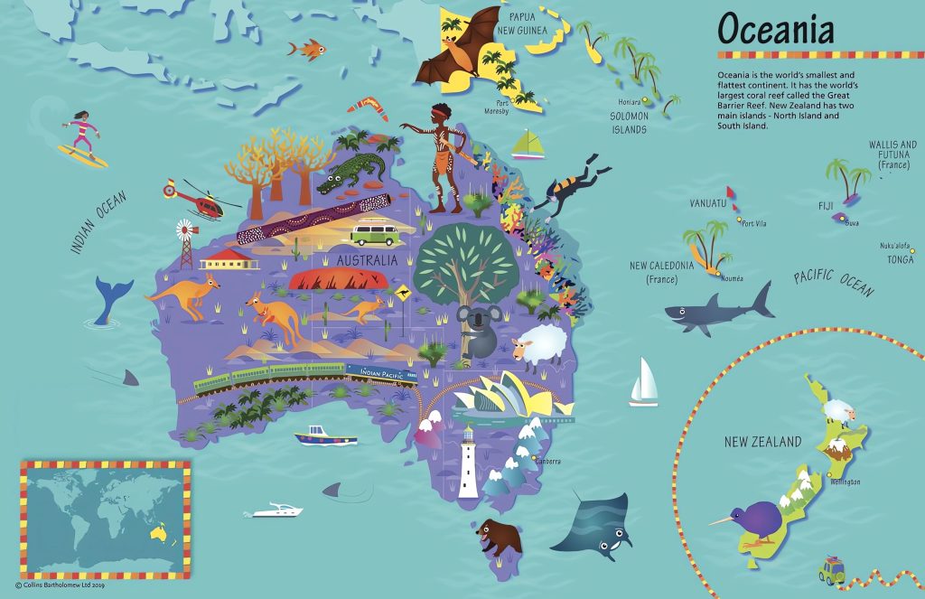 Mapa turístico pictórico de Oceanía.