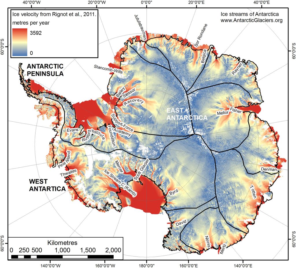 Mapa de las corrientes de hielo de la Antártida.