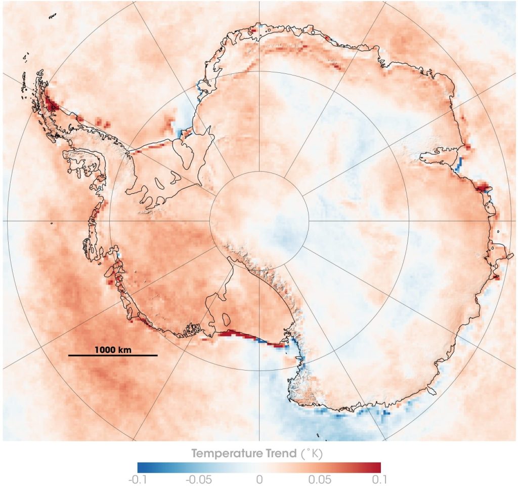 Mapa del cambio climático en la Antártida entre 1981 y 2007.