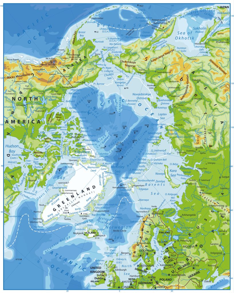 Mapa físico del Ártico.